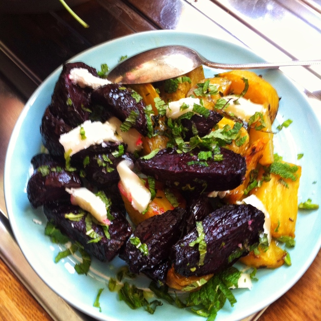 Mixed Roasted Beets with Goat's Cheese, Honey and Mint