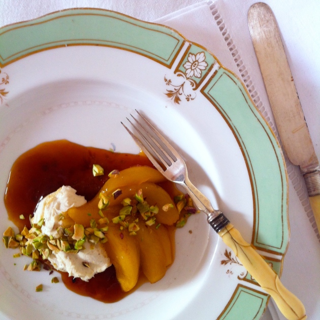 Poached Saffron and Citrus Pears with Vanilla Mascarpone | Selma's Table